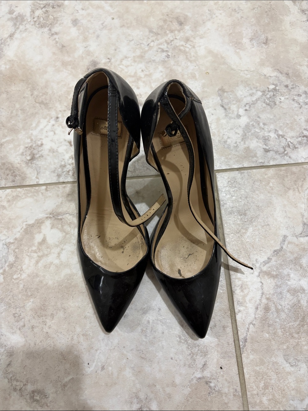 Marciano Black Patent Pointed Toe Ankle Strap Pumps